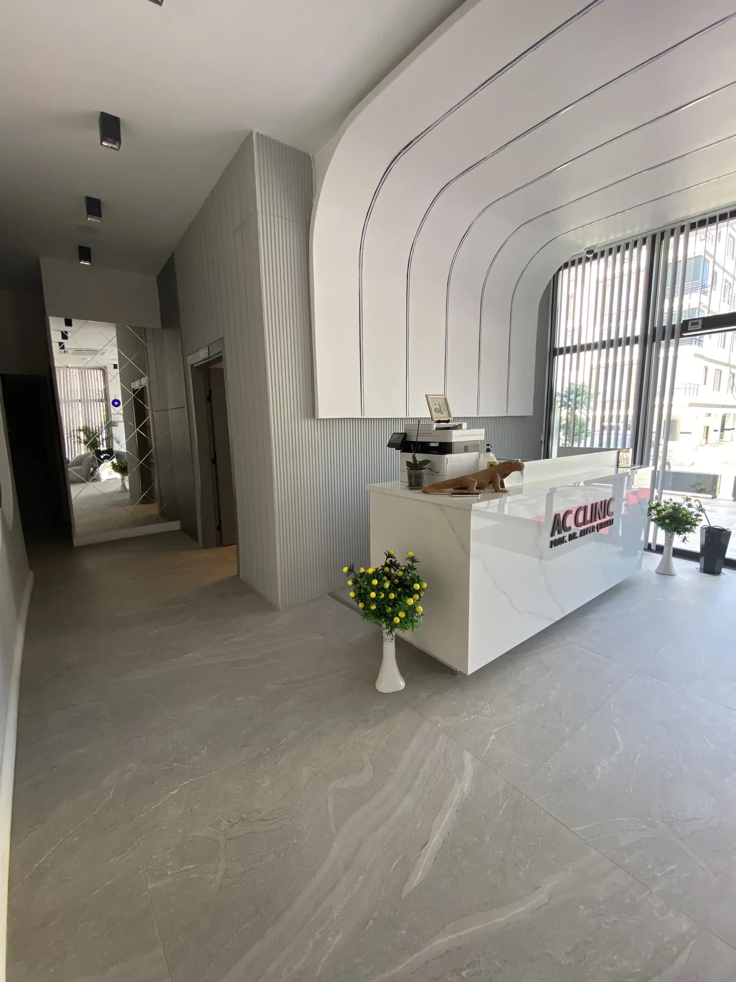 AC CLINIC resepsiyon bankosu ve pencere cephesi